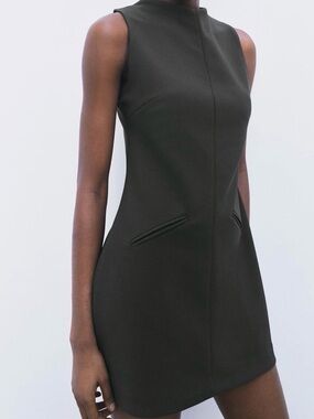 Zara Sleeveless Mock-Neck Mini Dress in Dark Grayish Olive